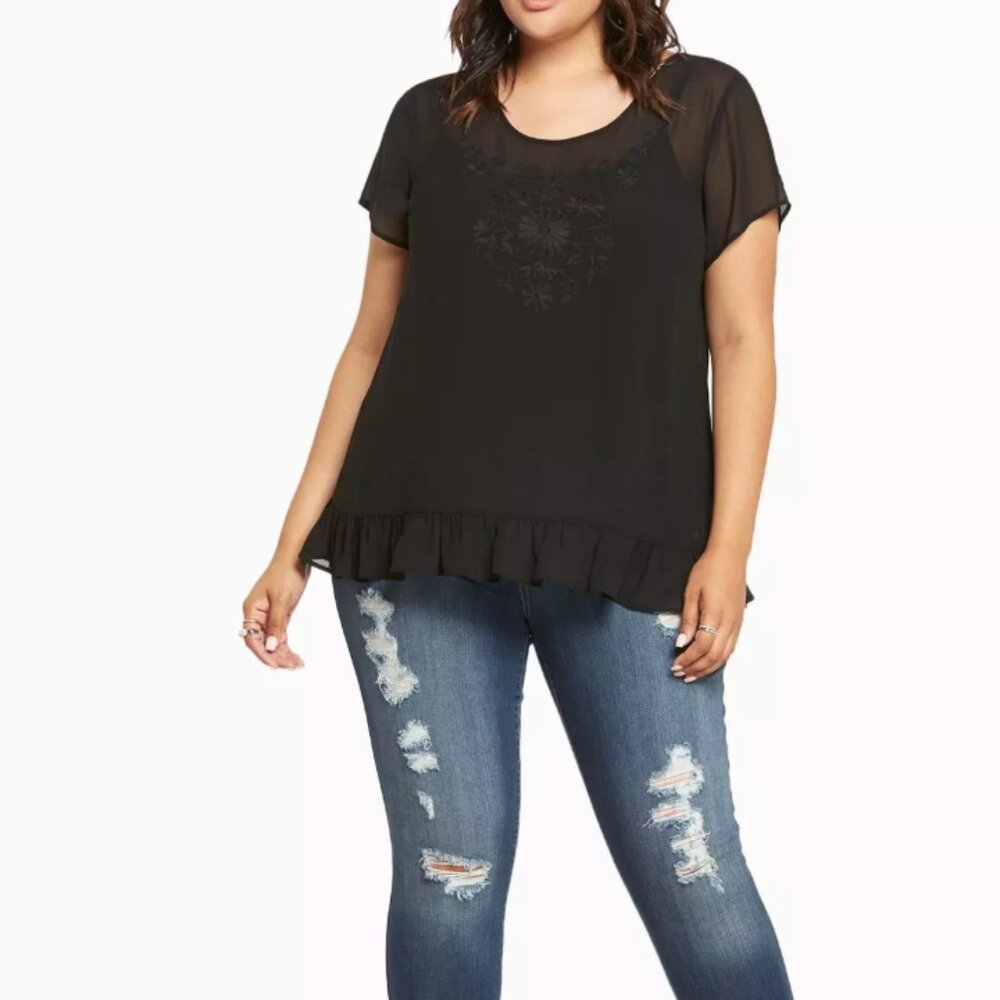 GUC Torrid Embroidered Chiffon Ruffle Hem Top - Picture 3 of 6